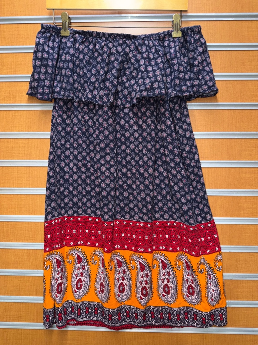 beachlunchlounge Strapless Dress in Navy, Red, Yellow Paisley Border